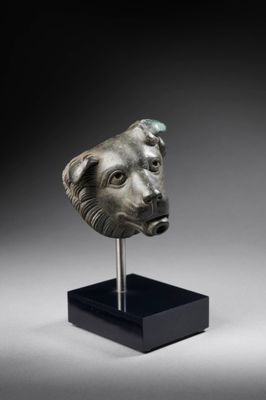 une tête de chien en bronze posée sur un socle noir