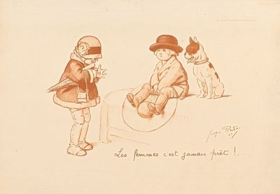 un dessin représentant deux enfants et un chien sur un traîneau