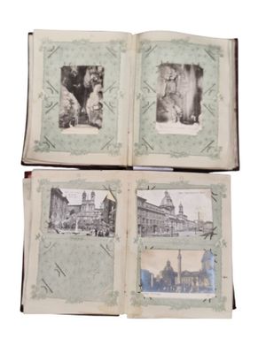 three old photos of people and buildings are displayed in a book