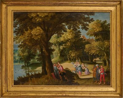 une peinture à l'huile représentant un groupe de personnes dans un cadre boisé