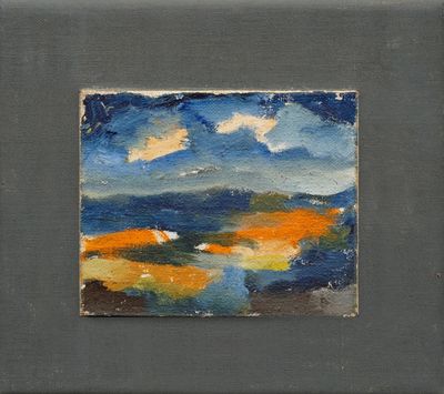 une peinture à l'huile représentant un paysage avec des montagnes au loin