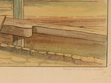 a picture of a painting of a bench in a field