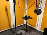 a microphone and a microphone stand in a room