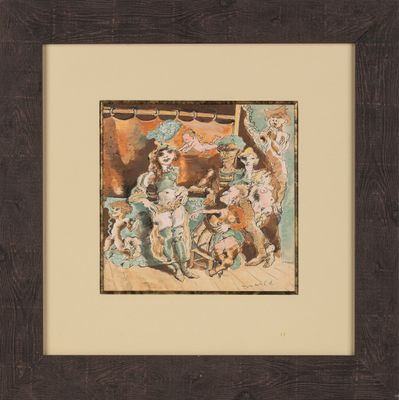 tableau représentant une scène de cirque avec des clowns, des chevaux et un homme