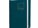 un cahier bleu avec une bande blanche sur la couverture