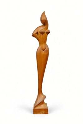 an image of a wooden sculpture of a woman on a white background