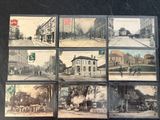 several old postcards of a street scene with buildings and a horse drawn carriage