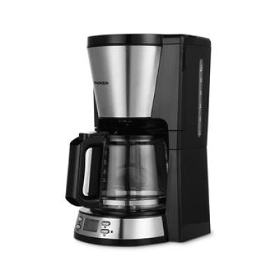 une cafetière noire et argentée posée sur un plan de travail blanc