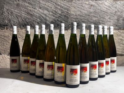 several bottles of wine are lined up in a row in front of a stone wall