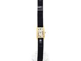 an image of a black and gold watch with a white face