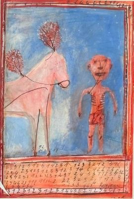 a painting of a man and a horse in front of a mirror
