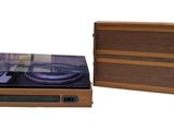 a wooden box with a record player and a cd player