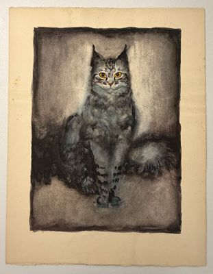 tableau représentant un chat aux yeux jaunes assis sur une table