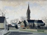 a painting of a town with a church in the background