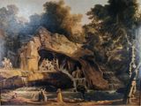 painting of a painting of a cave with figures in it