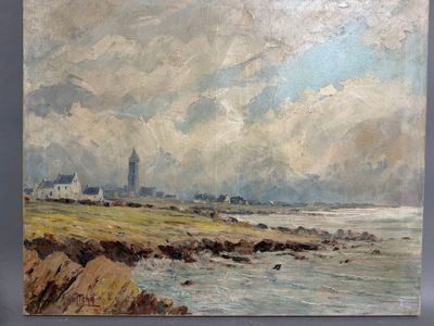 tableau représentant une vue de plage avec un phare au loin