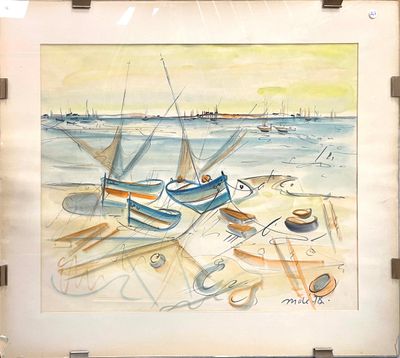 a picture of a painting of a boat on the beach