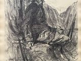 an old drawing of a man sitting on a bench with skis