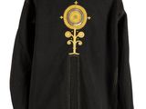 the back of a black jacket with gold embroidery on it