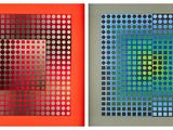 two paintings of different colors and sizes of dots on a wall