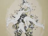 drawing of a woman sitting on a tree branch with her legs crossed