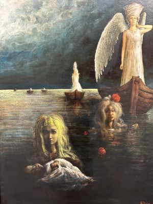 painting of a woman in a boat with two angels floating in the water