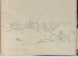 an open book with a drawing of a town in the background
