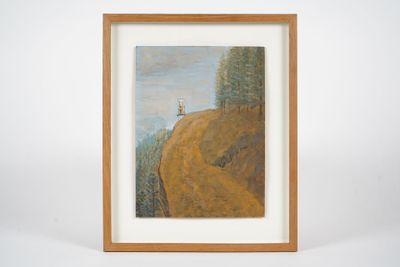 an oil painting of a man standing on top of a hill