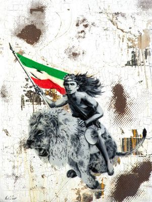 tableau représentant une femme chevauchant un lion sur le dos duquel flotte un drapeau