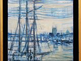 a painting of a boat in the water with a city in the background