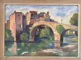 an oil painting of a bridge over a river with a castle in the background