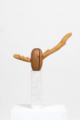 sculpture of a bird made of wood on a white pedestal