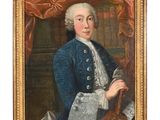 un vieux tableau représentant un homme en manteau bleu tenant un livre