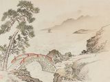un dessin représentant un pont enjambant une rivière, avec un bateau dans l'eau