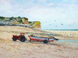 une peinture représentant un bateau et un tracteur sur la plage