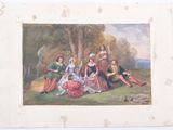 painting of a group of people sitting in a field near a tree