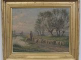 painting of a man herding a flock of sheep on a country road