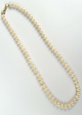 a white pearl necklace with a gold clasp on a white background
