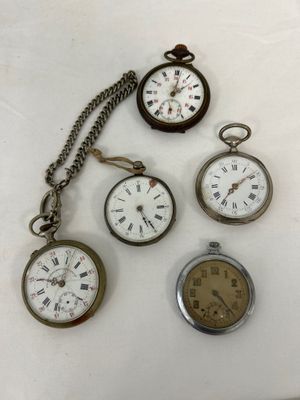five different types of pocket watches on a white surface