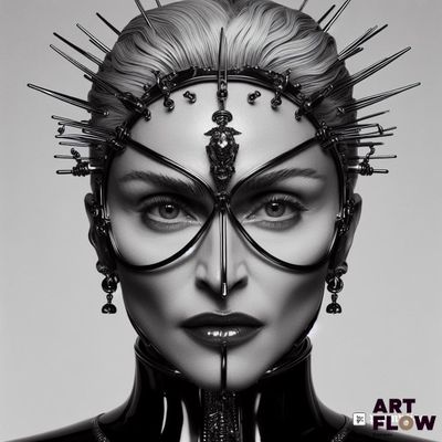 photographie en noir et blanc d'une femme portant un masque et des pointes sur la tête