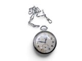 a silver pocket watch on a chain on a white surface