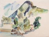 une aquarelle représentant une montagne avec un bateau sur l'eau