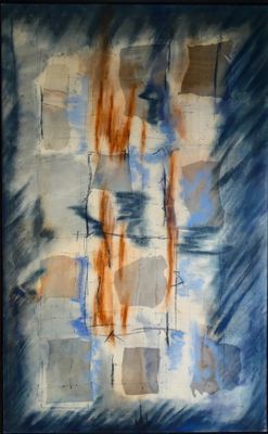 peinture abstraite représentant des carrés bleus et orange sur un fond bleu