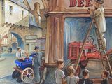a painting of a man on a ladder in front of a deli shop