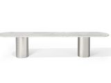 a white marble table with two metal legs on a white background