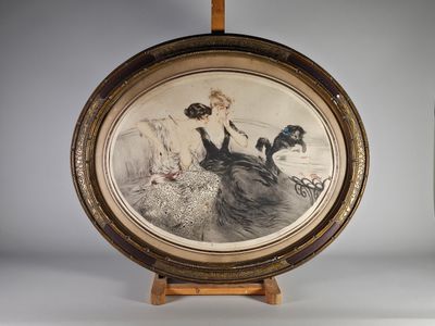 une photo d'une femme et d'un chien dans un cadre