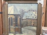 peinture sur chevalet devant un tableau représentant une église sous la neige
