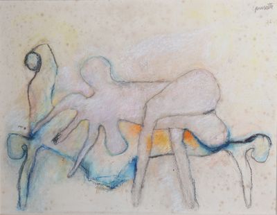 painting of a woman sitting on a bench with a dog in the background