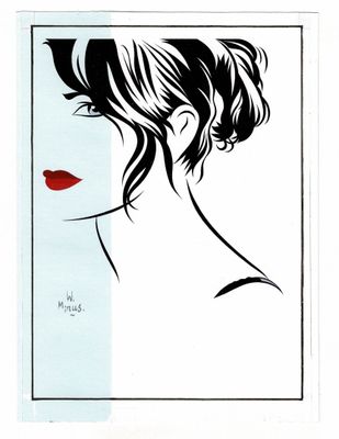 un dessin en noir et blanc représentant le visage d'une femme avec du rouge à lèvres rouge