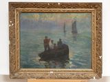 a painting of people in a boat on the water